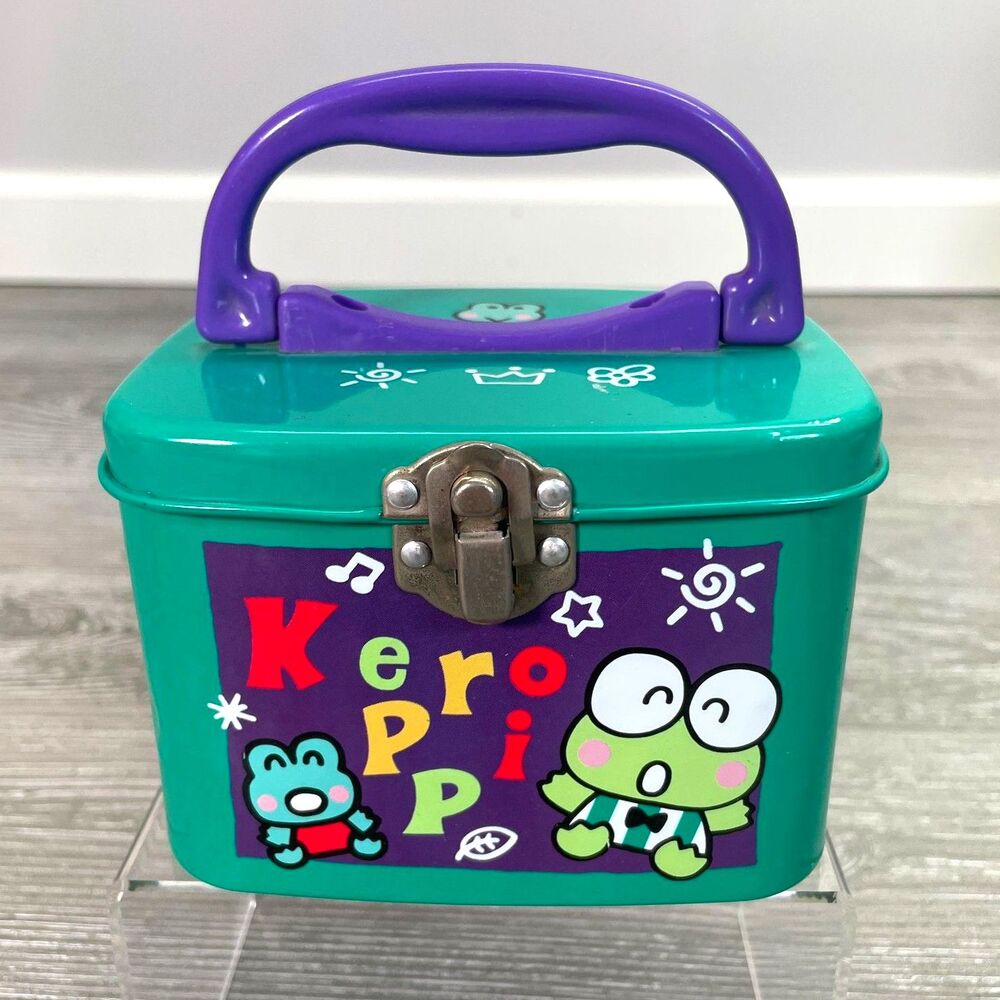 1996 Vintage Sanrio Keroppi 4in Green Metal Tin Storage Box with Blue Handle